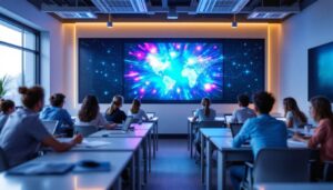 A photograph of a modern modular classroom featuring a vibrant led display