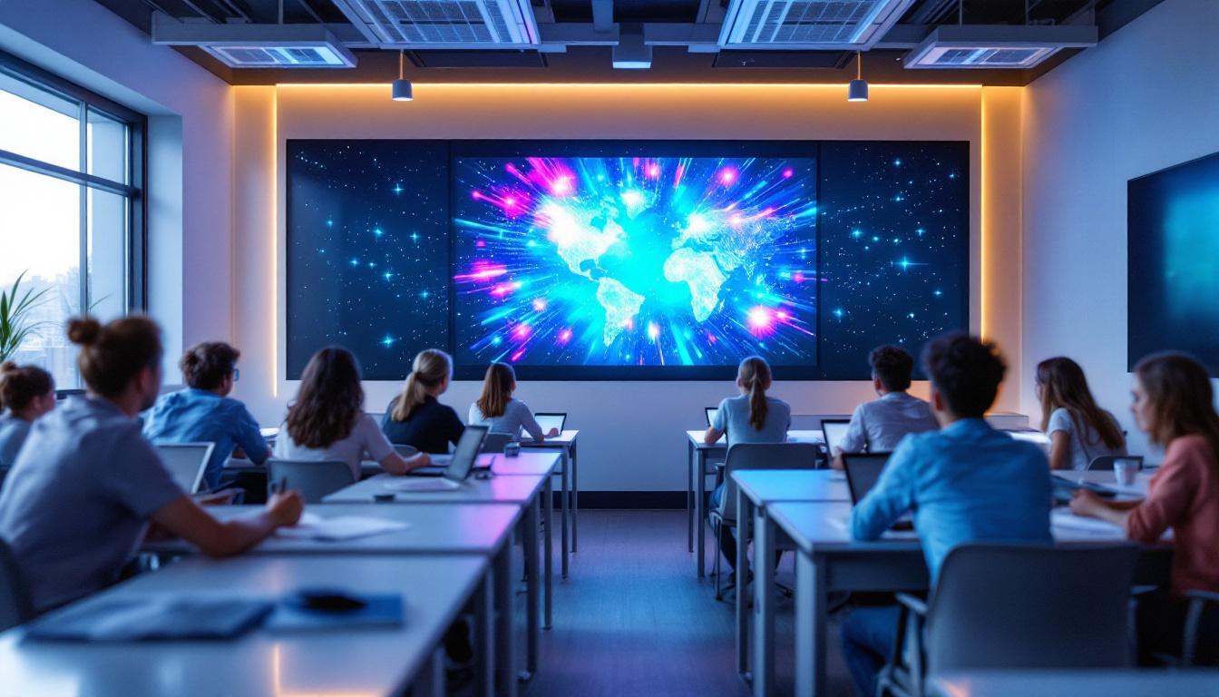 A photograph of a modern modular classroom featuring a vibrant led display