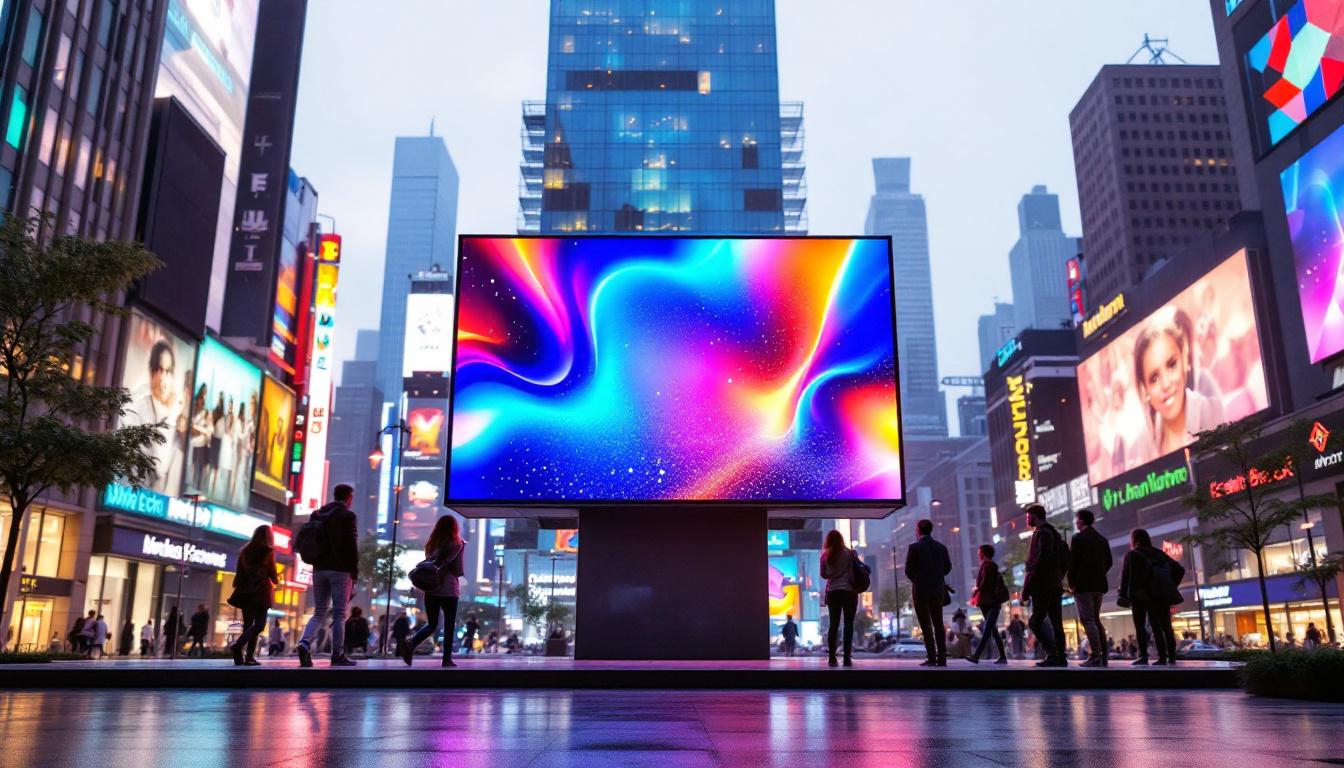 A photograph of a vibrant led display screen in a dynamic urban setting