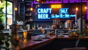 A photograph of a stylish microbrewery setup featuring an illuminated led display showcasing craft beer options