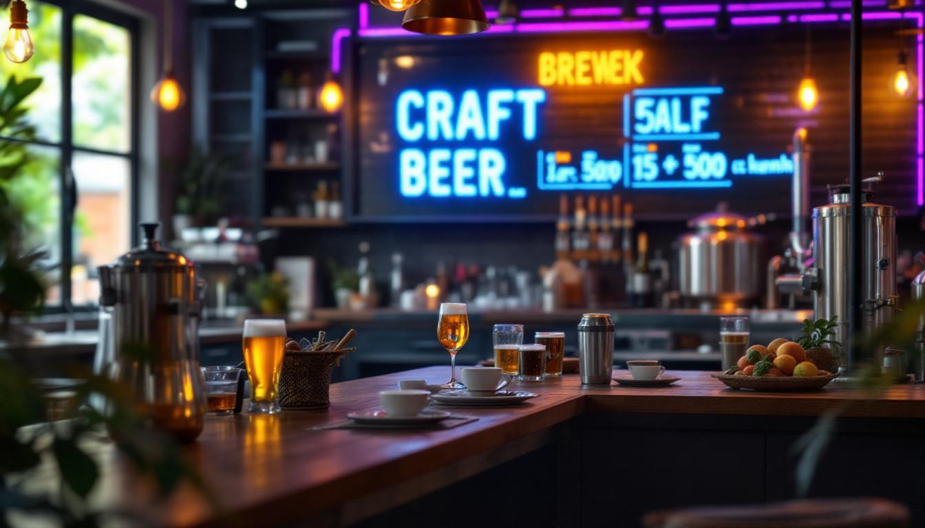 A photograph of a stylish microbrewery setup featuring an illuminated led display showcasing craft beer options