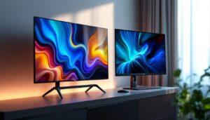 A photograph of a sleek led tv and a modern monitor side by side