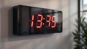 A photograph of a sleek led digital wall clock prominently displayed in a modern setting
