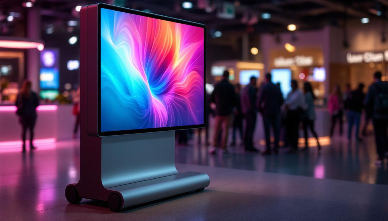 A photograph of a sleek mobile display stand showcasing a vibrant led display in an engaging environment