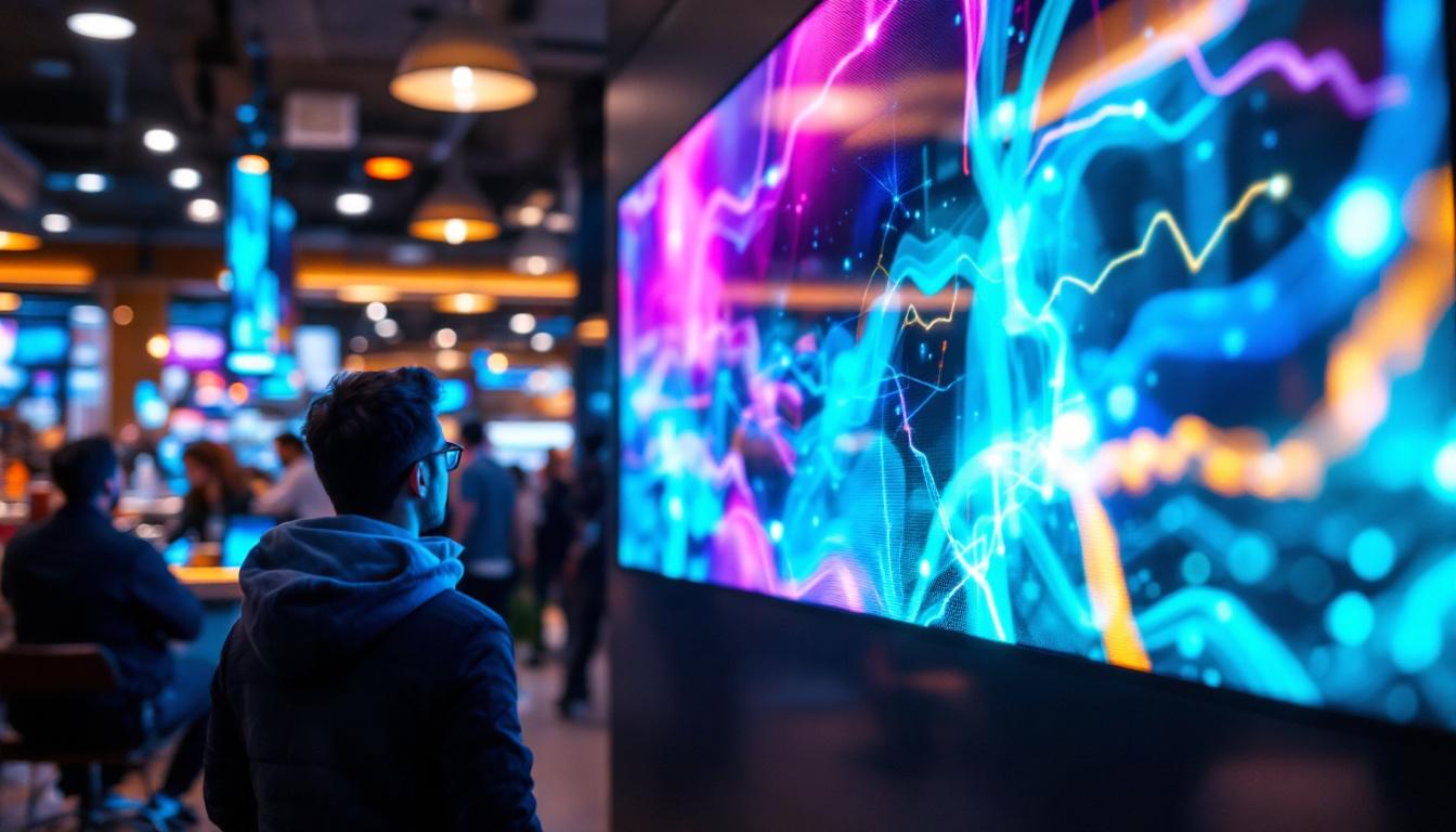 A photograph of a vibrant led display in a bustling business environment
