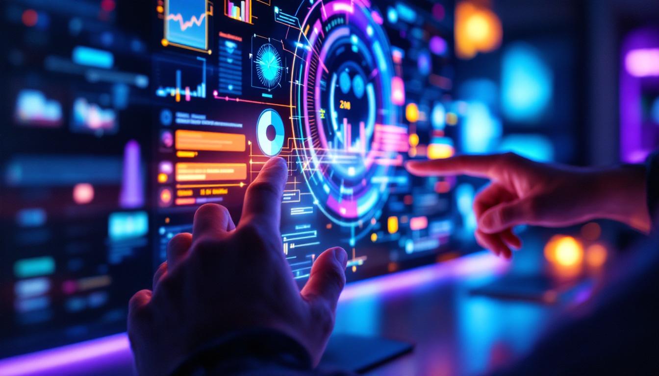 A photograph of a vibrant touchscreen monitor displaying a visually engaging led interface