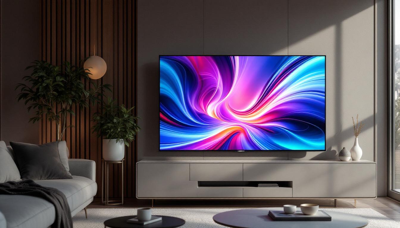 A photograph of a sleek plasma screen tv displaying vibrant colors and sharp images in a stylish living room setting