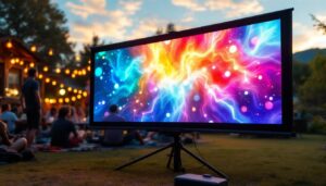A photograph of a vibrant outdoor setting featuring a projector screen on a stand displaying a vivid led image