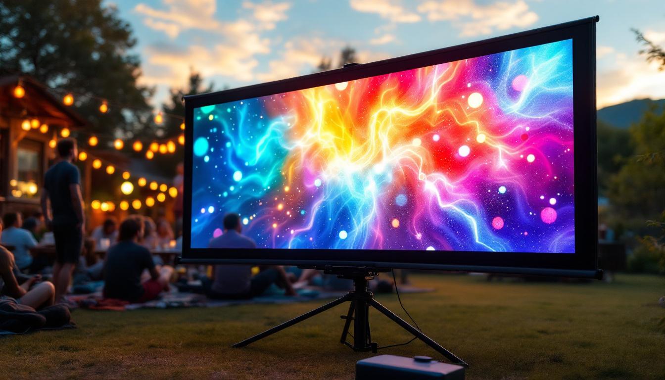 A photograph of a vibrant outdoor setting featuring a projector screen on a stand displaying a vivid led image