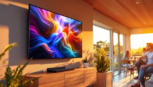 A photograph of a vibrant outdoor setting featuring a modern led tv mounted on a patio or deck