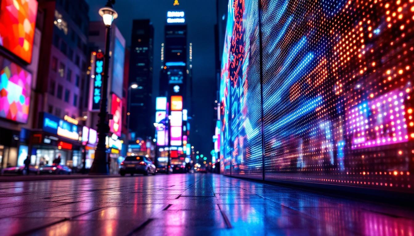 A photograph of a vibrant led display in a dynamic urban setting