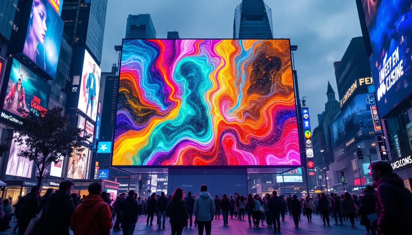 A photograph of a vibrant led display in a bustling urban setting