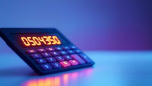 A photograph of a close-up shot of a calculator with a large led display