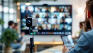 A photograph of a sleek video conference camera mounted on a large tv screen