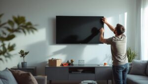 A photograph of a person skillfully installing a flat screen led tv on a wall