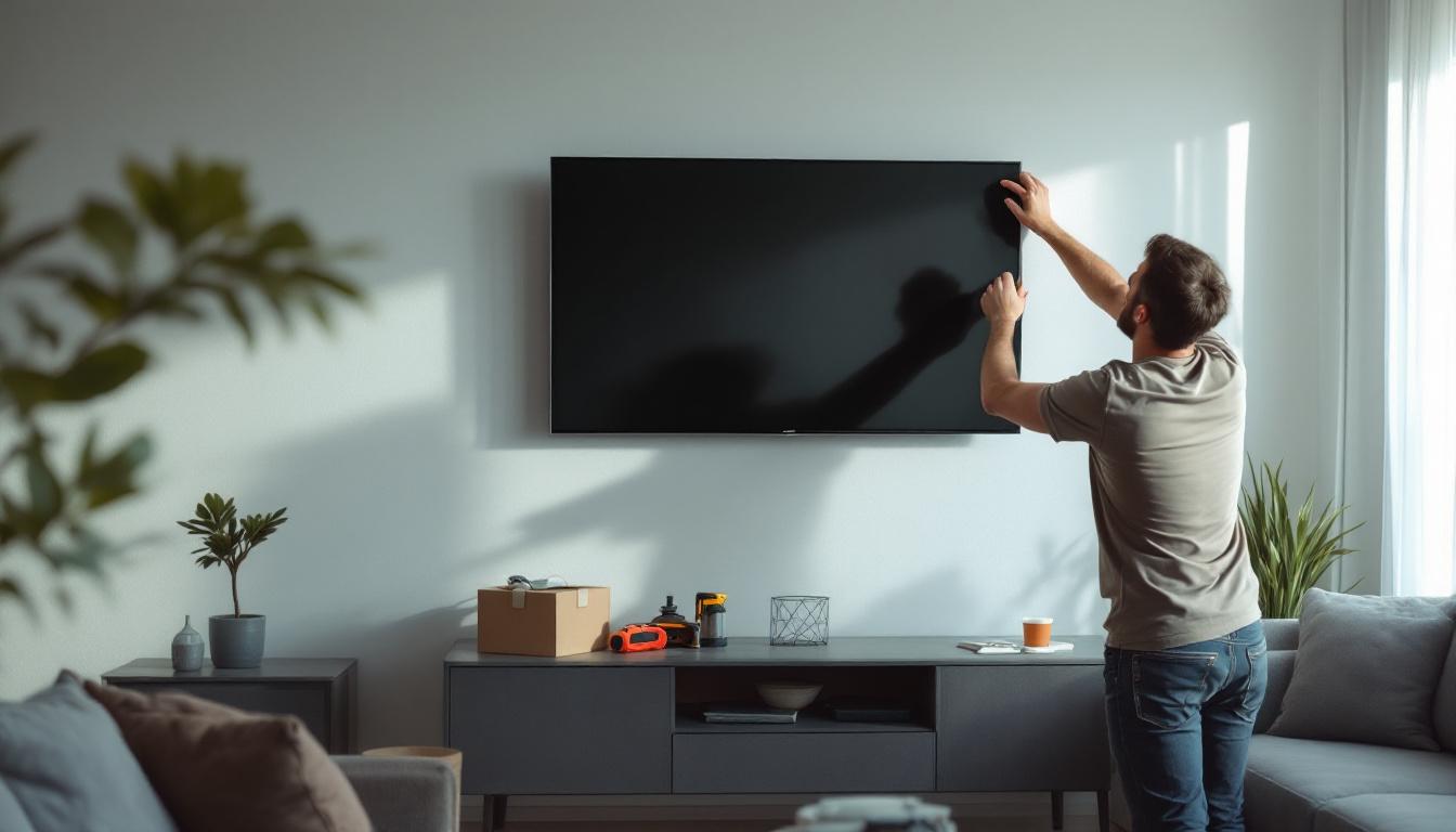 A photograph of a person skillfully installing a flat screen led tv on a wall