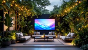 A photograph of a stylish outdoor space featuring a modern led display integrated into a privacy screening setup