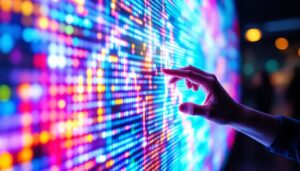 A photograph of a close-up shot of a vibrant led display in action