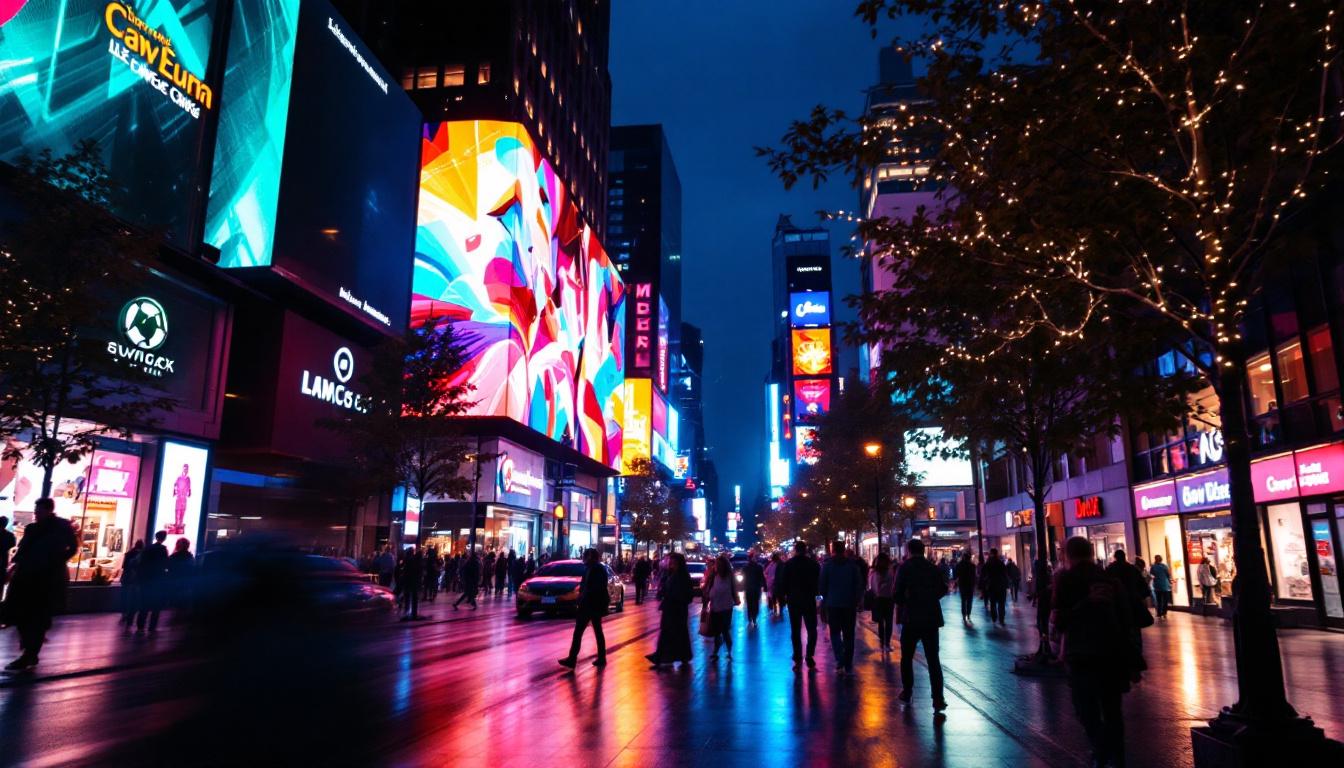 A photograph of capture a photograph of a vibrant led display in a bustling hillsboro setting