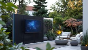 A photograph of a stylish outdoor privacy screen featuring an integrated led display