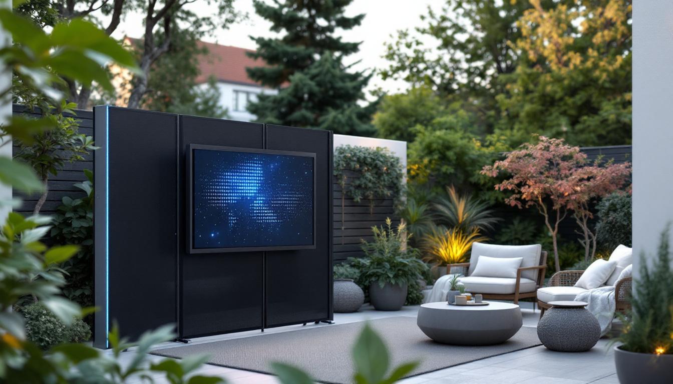 A photograph of a stylish outdoor privacy screen featuring an integrated led display