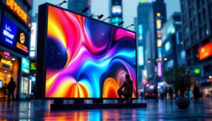 A photograph of a vibrant led display in a dynamic urban setting