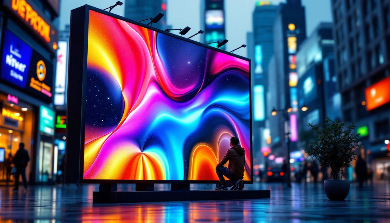 A photograph of a vibrant led display in a dynamic urban setting