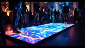 A photograph of a vibrant interactive floor projection system in action
