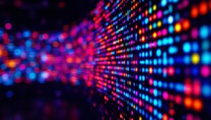 A photograph of a vibrant led display showcasing dynamic pixel art or colorful animations