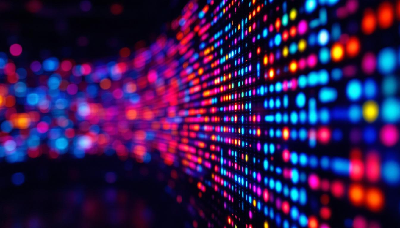 A photograph of a vibrant led display showcasing dynamic pixel art or colorful animations