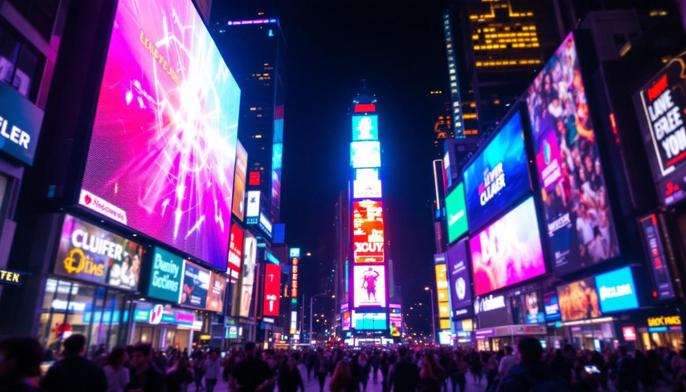 A photograph of a vibrant led display in a bustling urban environment at night