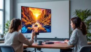 A photograph of a sleek touchscreen projector in action