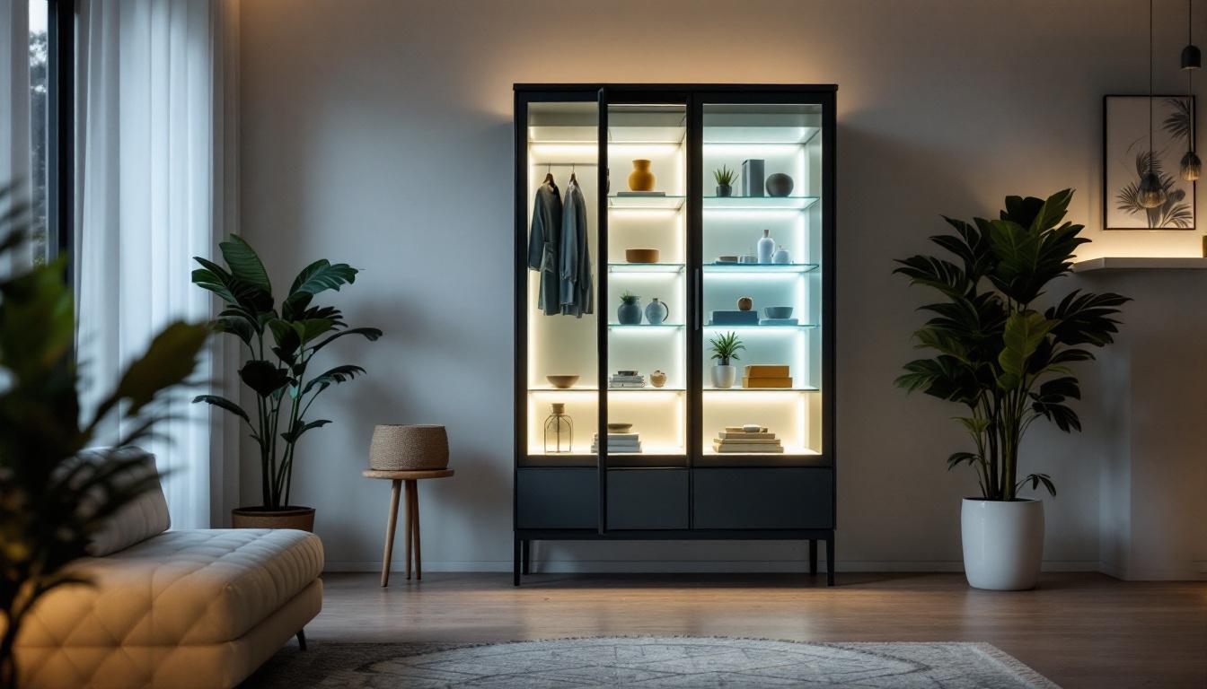 A photograph of a stylish display armoire featuring an integrated led display
