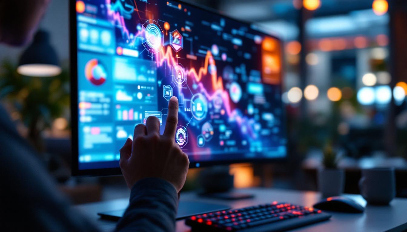 A photograph of a sleek multi-touch computer monitor displaying vibrant graphics