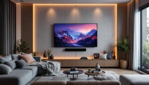 A photograph of a stylishly designed entertainment wall featuring a large led display