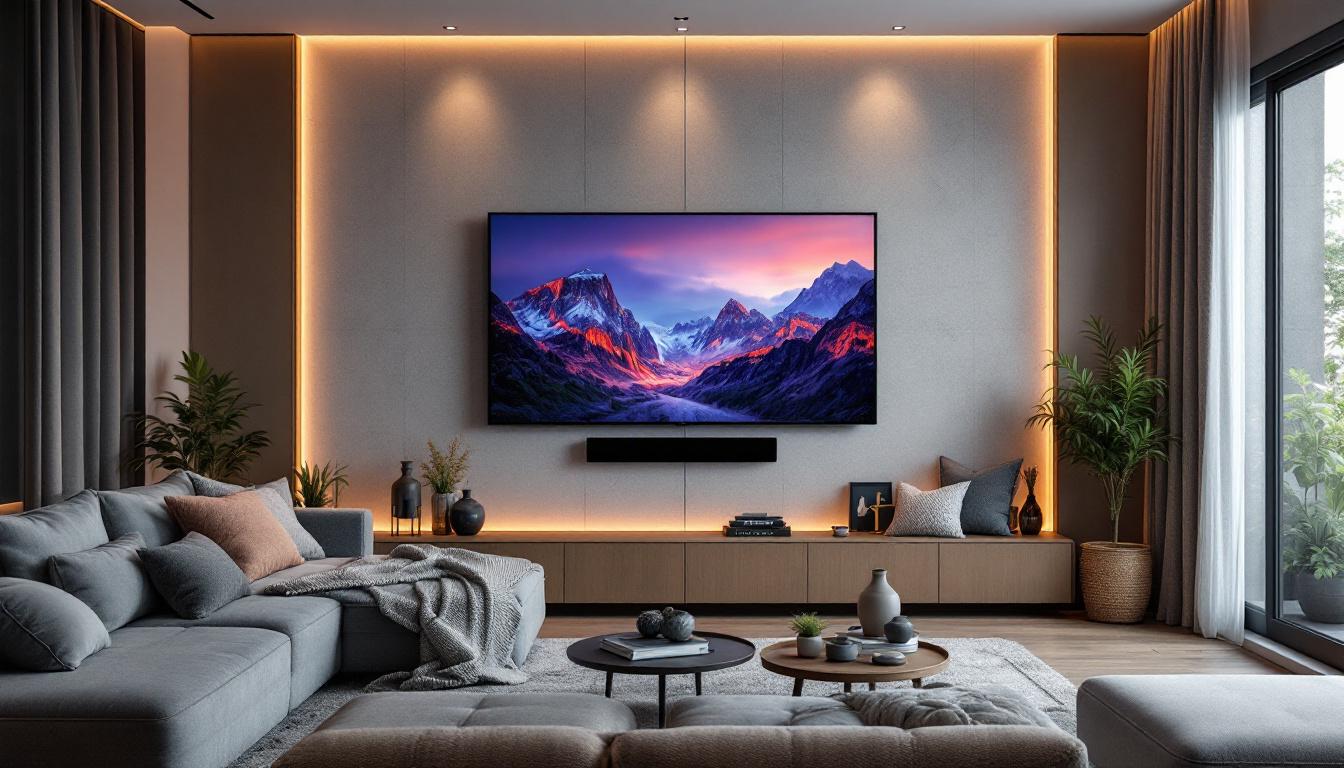 A photograph of a stylishly designed entertainment wall featuring a large led display