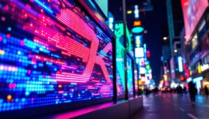 A photograph of a vibrant led display in a dynamic urban setting at night