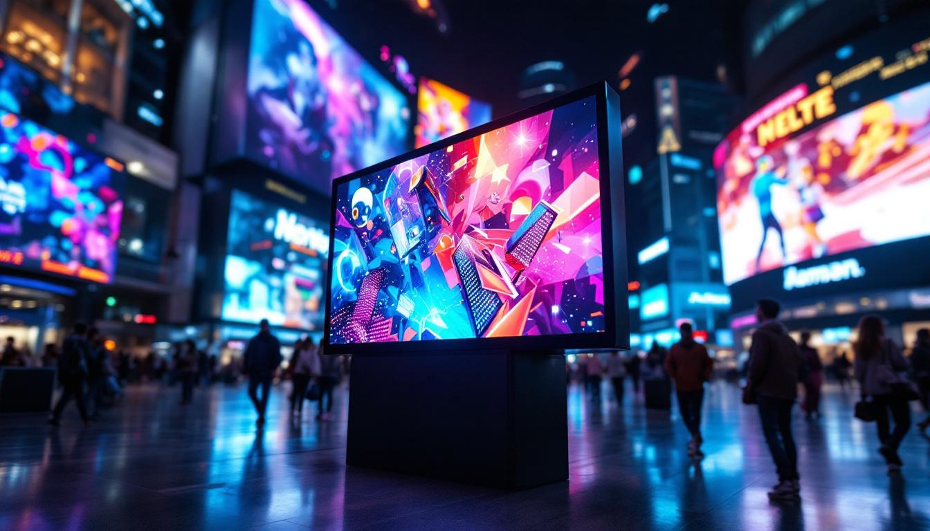 A photograph of a vibrant led display showcasing dynamic visuals in a bustling urban setting