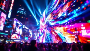 A photograph of a vibrant led display in action