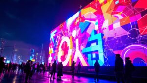 A photograph of a vibrant led display in action