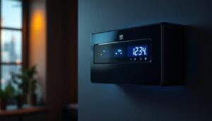 A photograph of a sleek wall-mounted ups unit with an illuminated led display