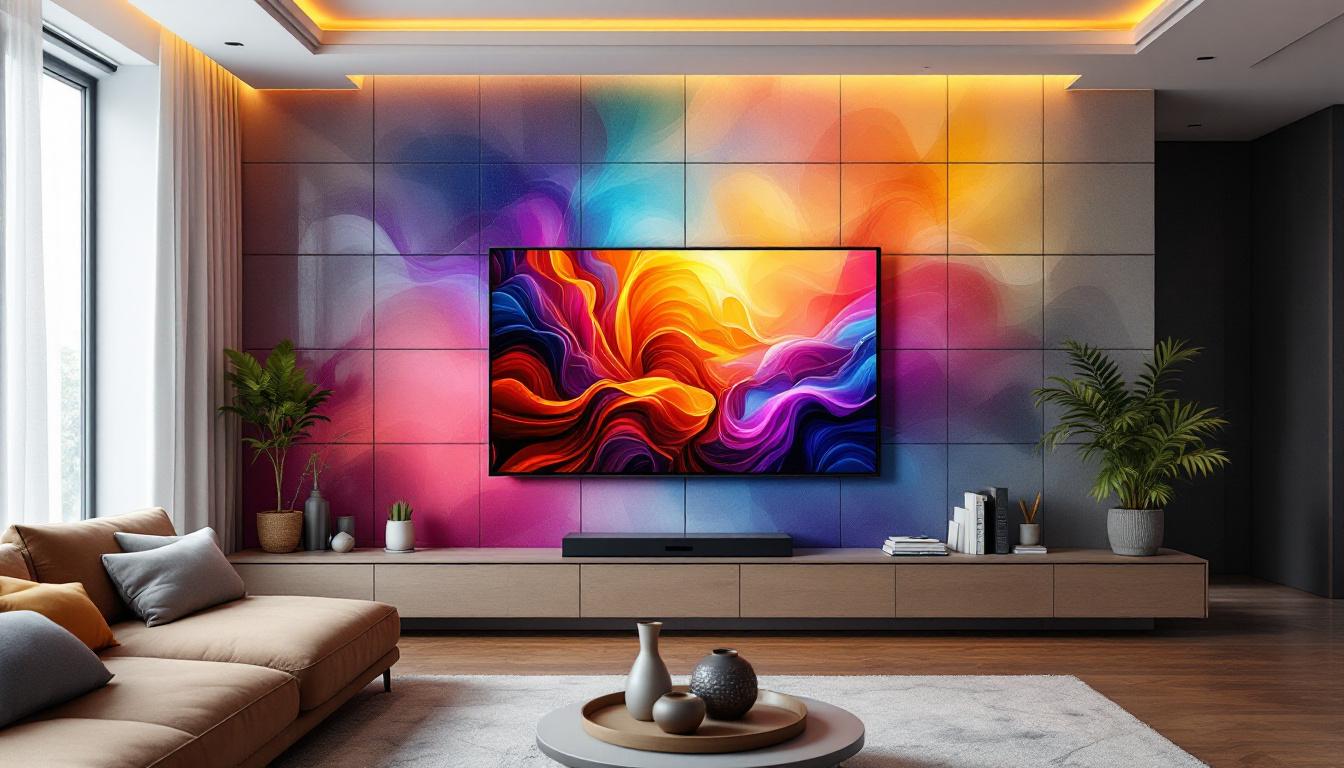 A photograph of a modern living room showcasing a stunning tiled tv wall with a large led display
