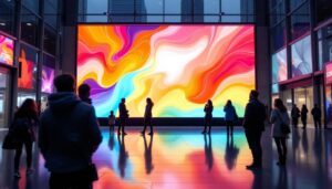 A photograph of a vibrant led display in a dynamic urban setting