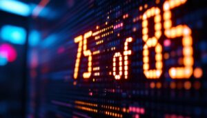 A photograph of a close-up of a vibrant led display showing the numerical calculation "75 of 85