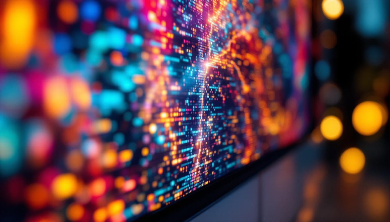 A photograph of a close-up shot of a plasma screen displaying vibrant colors and detailed imagery