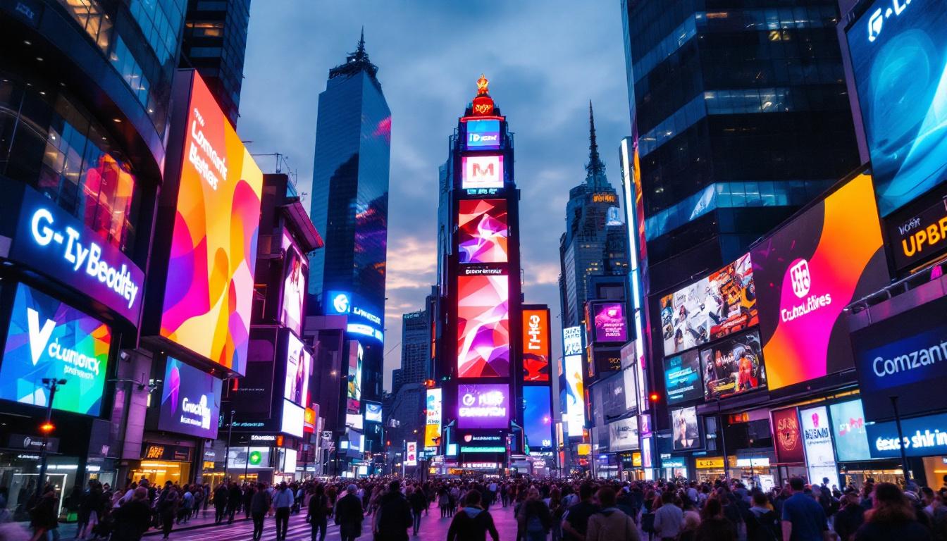 A photograph of a vibrant led display in a bustling urban environment at dusk