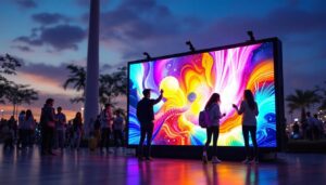 A photograph of a vibrant portable led display board in an outdoor setting