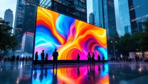 A photograph of a vibrant led display in an urban setting