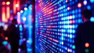 A photograph of a vibrant led display featuring dynamic visuals and colors