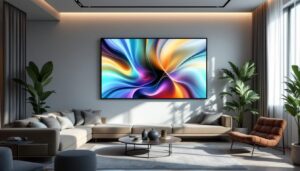 A photograph of a stylish indoor space featuring a modern led display panel